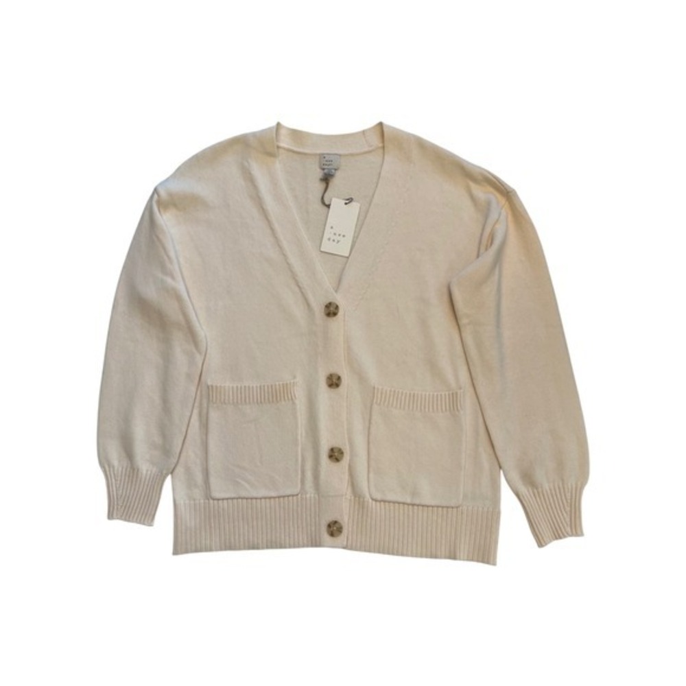 A New Day Cream V-Neck Button Front Cozy Minimalist Cardigan Sweater NWT Size XS